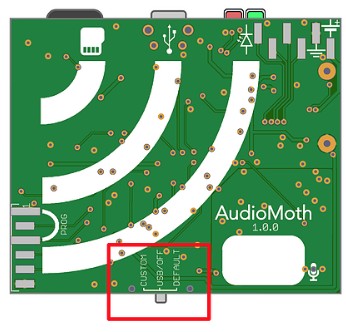 image of the AudioMoth with the switch in the off
position