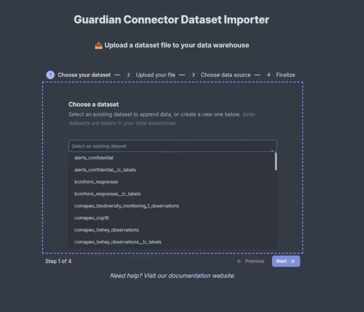 Choose an existing dataset or enter a new dataset name